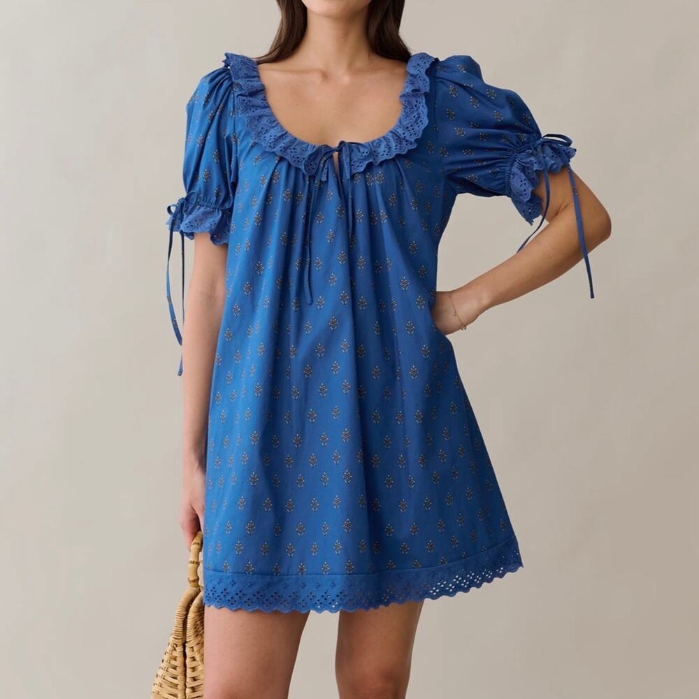 Few Moda Juliet Cotton Eyelet Lace Trim Babydoll Dress Blue Bijou Sz M Coquette